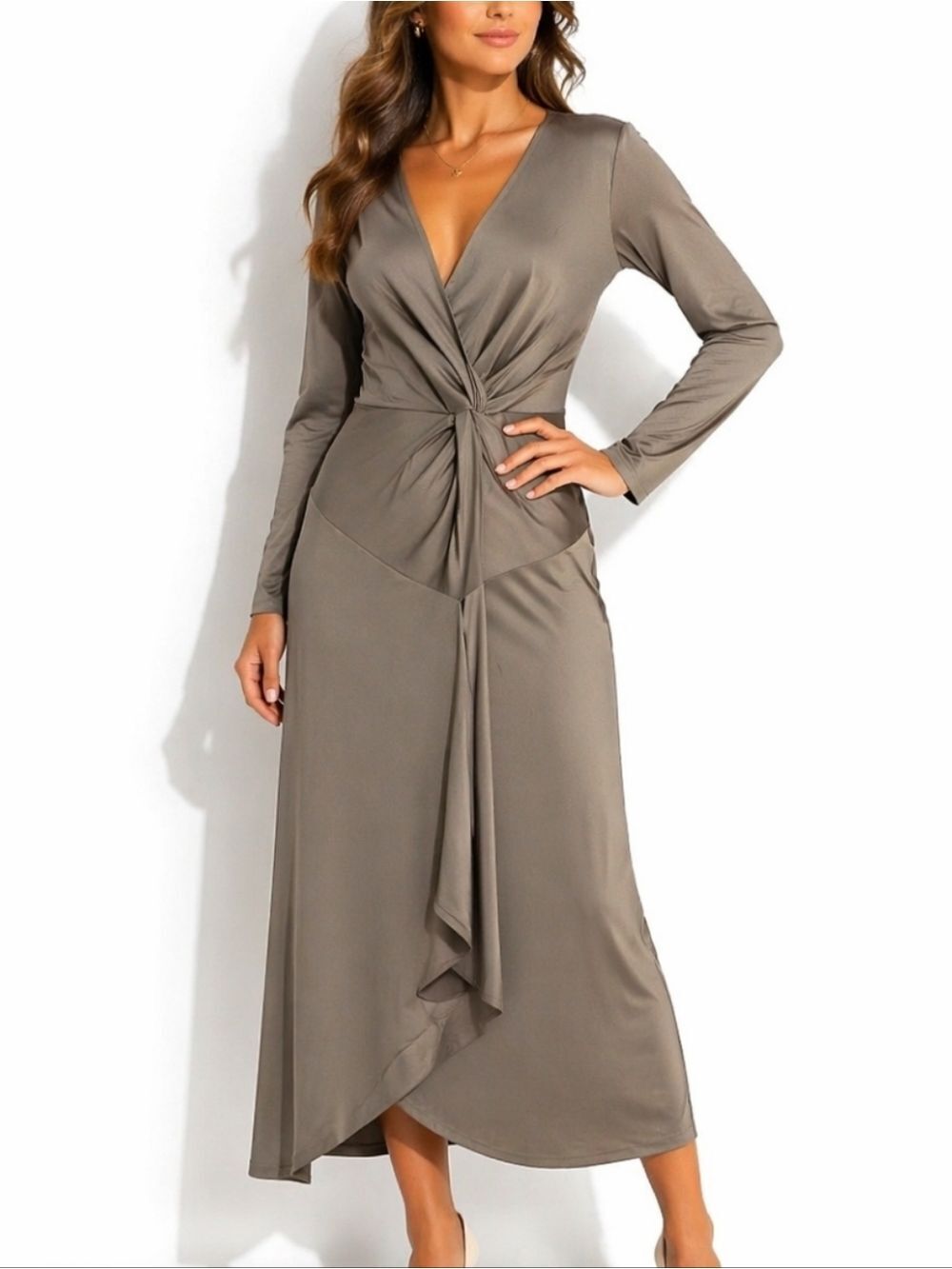 NWT Stitchdrop Denali Mushroom Long Sleeve Twist Front Faux Wrap Midi Dr…
